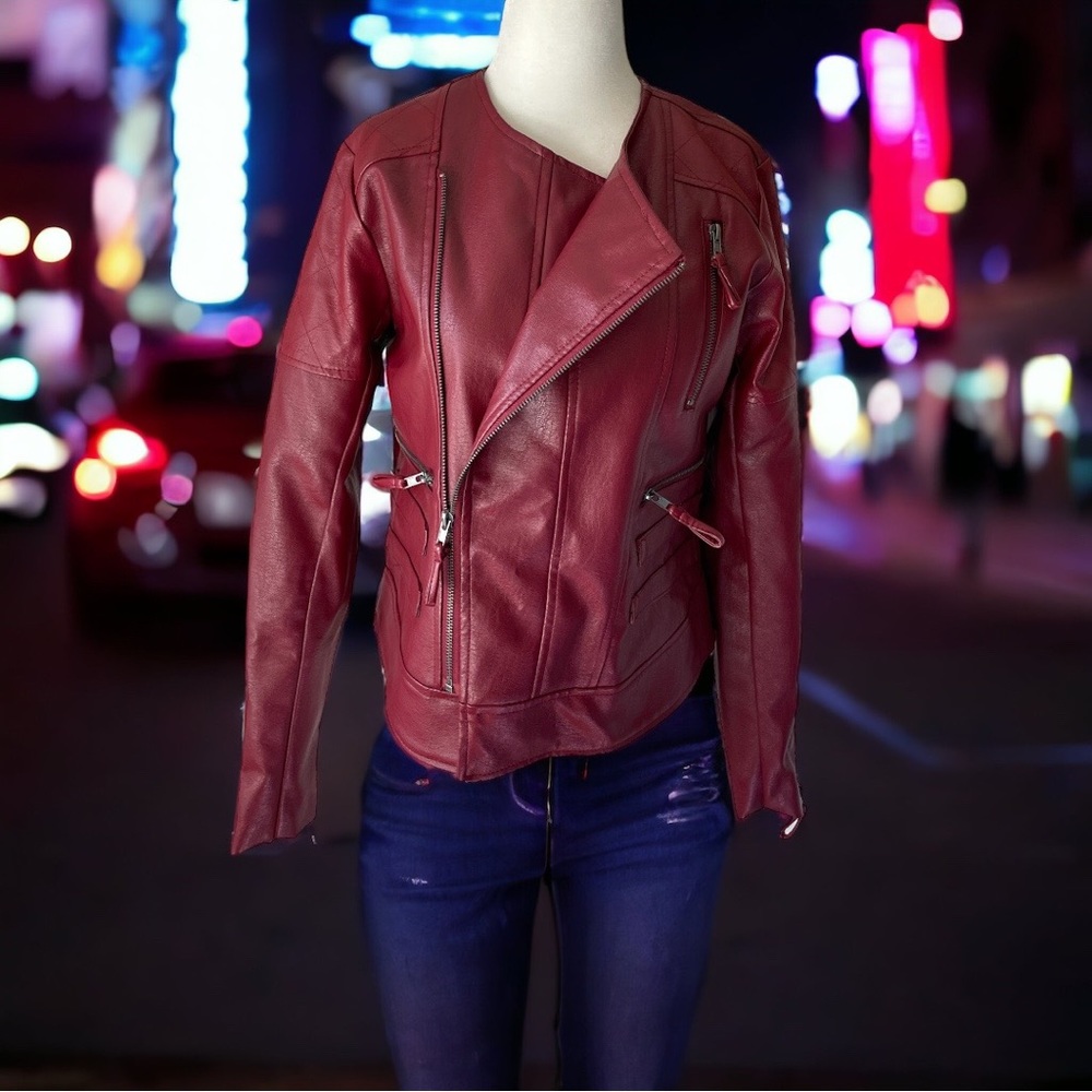 Pamela McCoy Faux Leather Moto Jacket Maroon Zipper Detailed XS NWOT